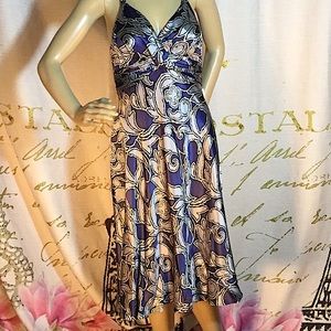 Jones New York 100% Silk Blue&Silver Halter Dress